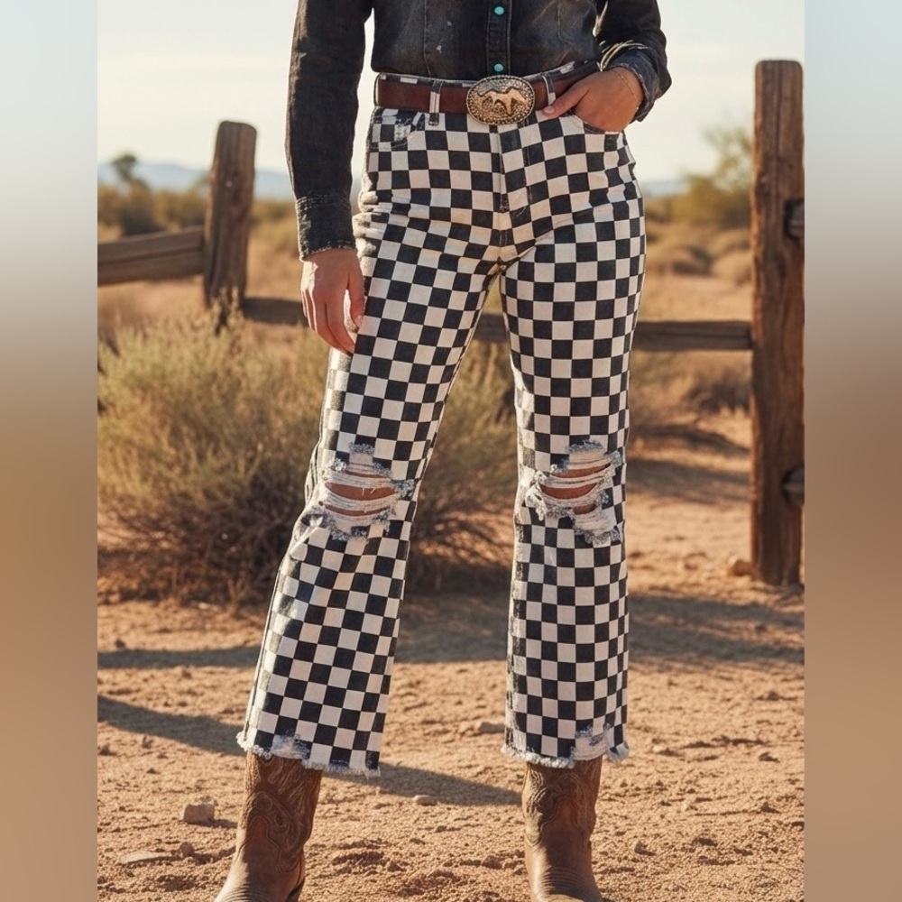 Women's Checkered Black and White Cropped Jeans
